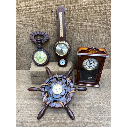 1048 - Three vintage barometers and Legend 15 day wooden cased mechanical clock.