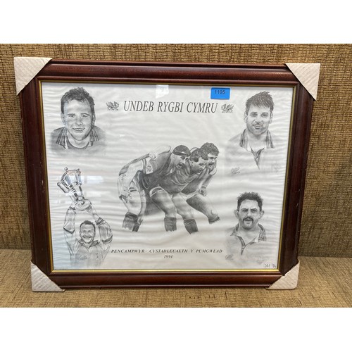 1105 - Welsh Rugby pencil sketch signed to the corner. 58cm x 48cm.