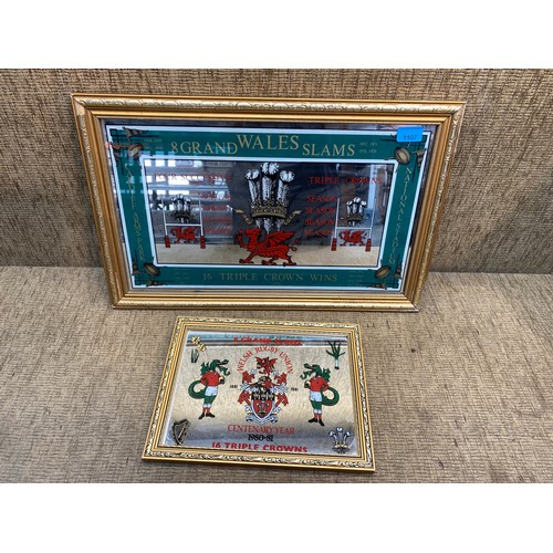 1107 - Two Welsh Rugby mirrored pictures 56cm x 36cm and 31cm x 24cm.