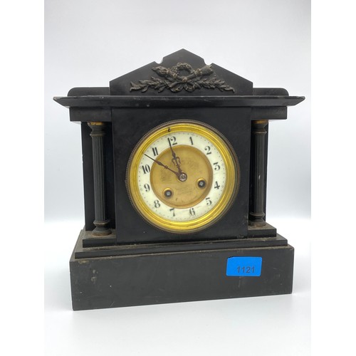 1121 - Black slate column mechanical mantle clock.