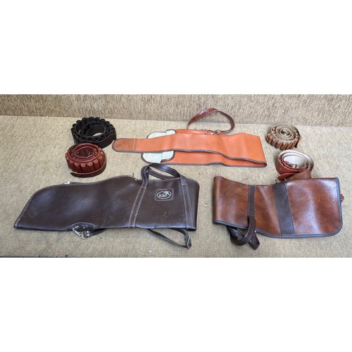 1146 - Collection of leather gun bullet belts and three air rifle gun cases.