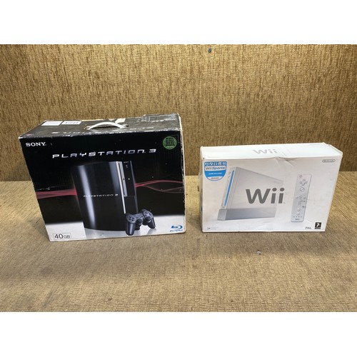 62 - Boxed Nintendo Wii ( complete ) and Sony PlayStation 3 ( missing power lead) .