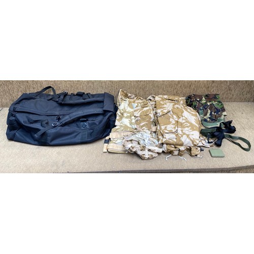 65 - Genuine British Military Issue 100LT Deployment Bag And collection of army uniforms.