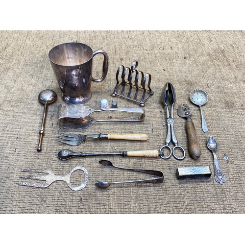 862 - Vintage Silver plate items including toast rack and tongs.