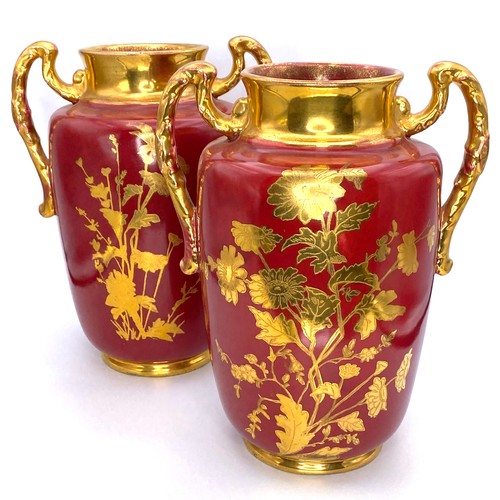 667 - Pair of French gold-guilted hand-painted ceramic vases.