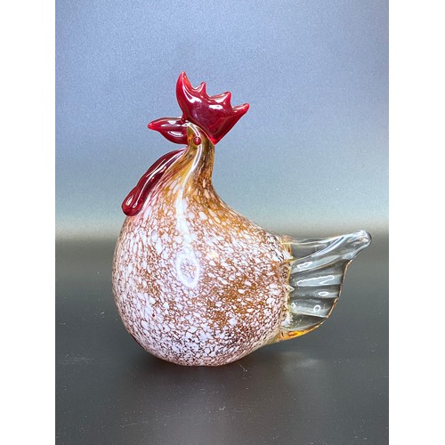 665 - Italian Murano glass mottled chicken, Dolphin, and a pair of Studio glass posy vases.