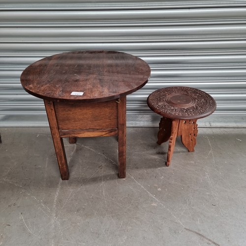 137 - Folding vintage sewing side table and a carved small occasional table.