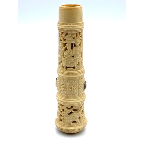 668 - Chinese carved umbrella/walking stick handle with mother of pearl.