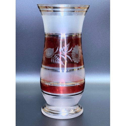 490 - Clear and Cranberry glass decanter, glasses and vase set.