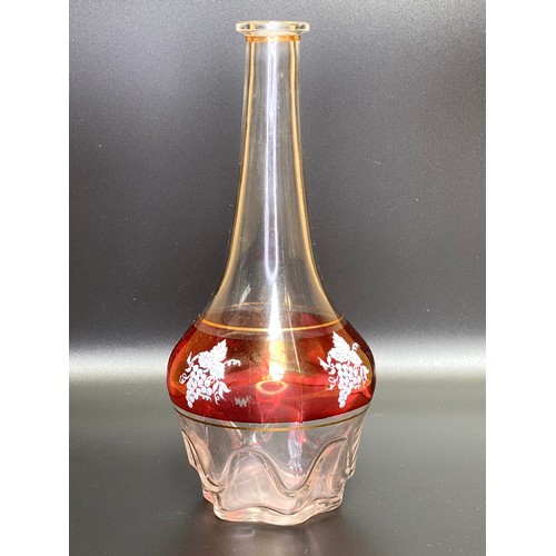 490 - Clear and Cranberry glass decanter, glasses and vase set.