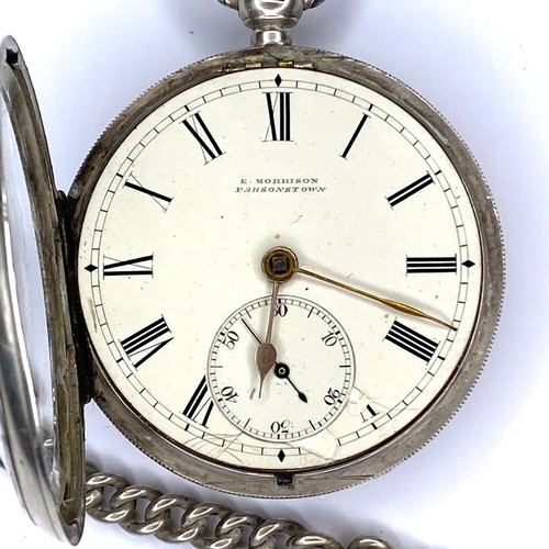 878 - Irish Silver Fusee Lever pocket watch and chain by E. Morrison Parsonstown circa 1886. Silver case d... 