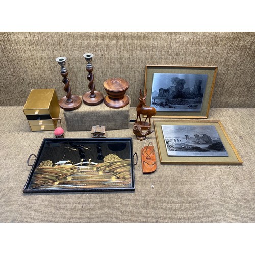 167 - Mixed treen items including a tea caddie , pair of candle sticks and ebonised Chinese tray.