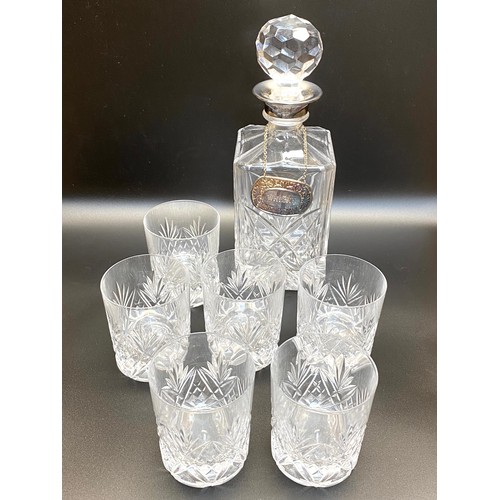 675 - Set of 6 crystal glasses and crystal glass whisky decanter with sliver plate decanter label.