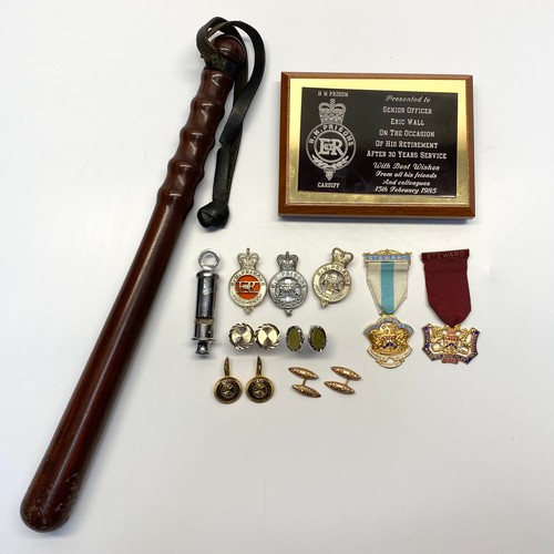 868 - HM Prison Cardiff, Senior Officer Eric Wall plaque, truncheon, three HM Prisons cap badges, whistle ... 