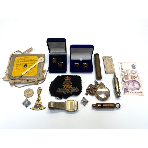889 - Collectibles including early digital watches, heliograph, whistles and a pocket watch.