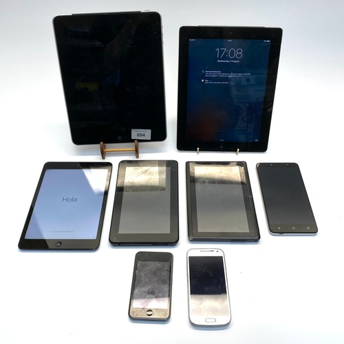 694 - 8 Tablets and smart phones including 2 16gb Ipads, a 32gb ipod and a Samsung Galaxy phone.