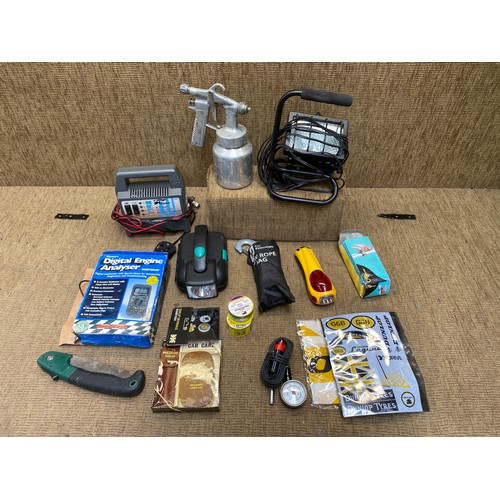 316 - Selection of car care items including a tow rope, Engine Analyser and torches.