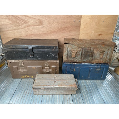 330 - 5 Large ammunition boxes one filled with vintage car spares.