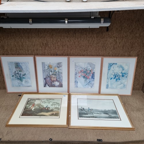 14 - Four framed Stewart Lowdon limited edition prints 52cm x 42cm and two framed fox hunting and coursin... 