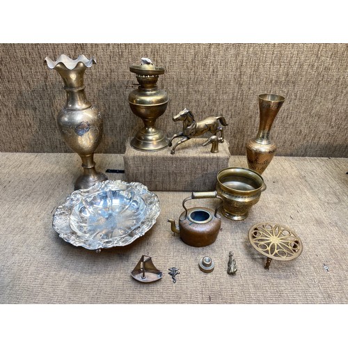 39 - Brass items including a brass oil lamp, Chinese engraved vases and a silver-plated Bon Bon dish.