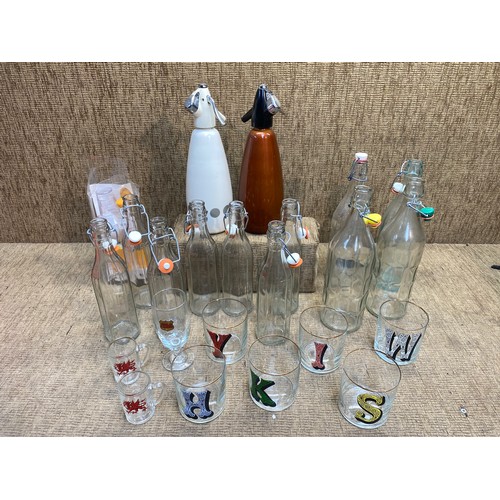 43 - Collection of vintage bottles and Retro Sparklets Soda syphon bottles.