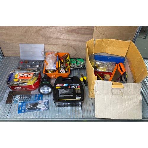 57 - Selection of tools including hand tools, torches and a set of snow chains.