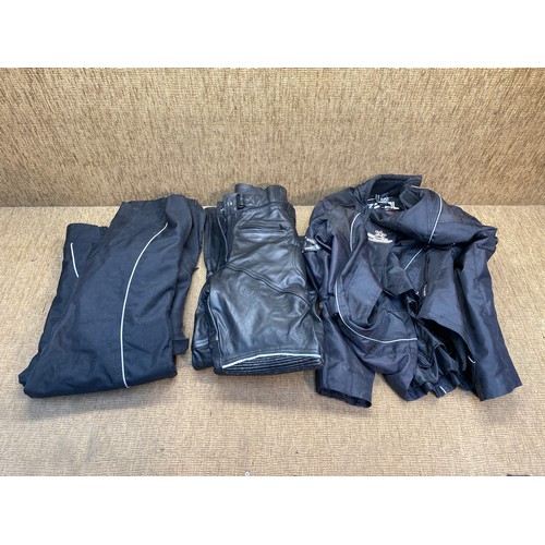 109 - 2 pairs of Frank Thomas bikers trousers size 16 and a FDL bikers jacket size L.