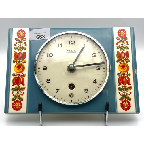 663 - Retro 1960s Wehrle wind-up clock with a floral enamel finish.