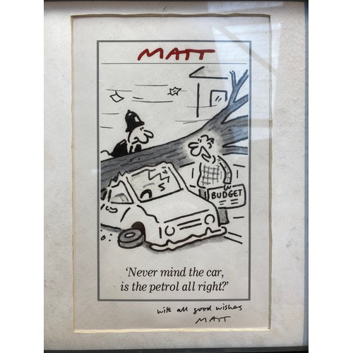 493 - Two framed cartoon prints including one by Gren and one signed by Matt of The Telegraph.