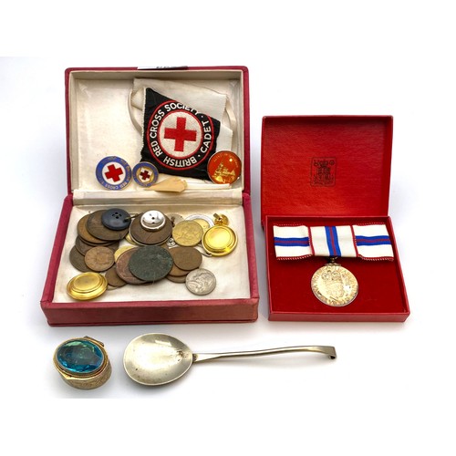 667 - Box of curiosities including red cross society badges and silver plated trinket box with aqua marine... 