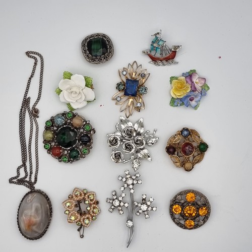 696 - 12 Brooches including some Scottish agate.