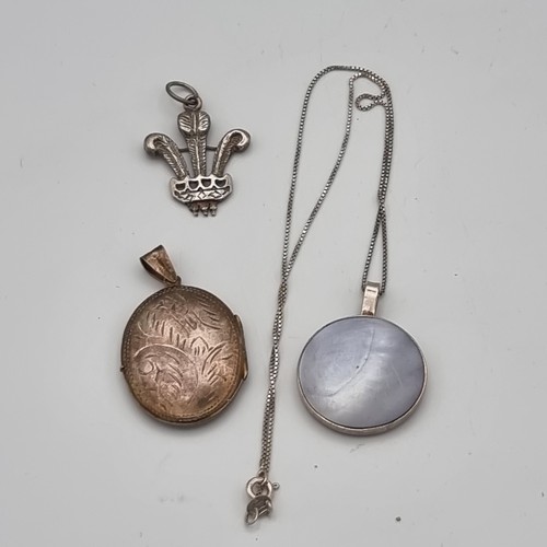 872 - Silver three feathers pendant, large locket and pendant with a chain.