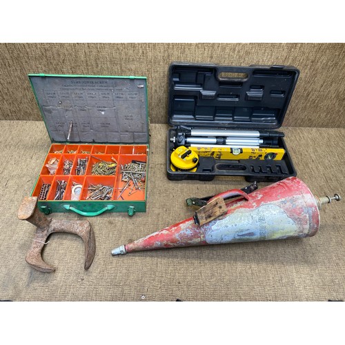 275 - Mixed tools including a laser tool kit, a cast iron shoe last and vintage fire extinguisher.