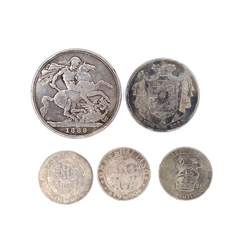 884 - Victoria 1889 silver crown, 1836 William IV Silver Half Crown and three shillings.