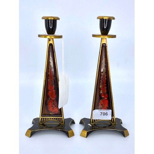 706 - Pair of brass and enamal Jewish candle sticks.