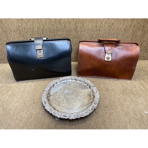 533 - Two vintage doctors briefcases and a silver plated serving tray.