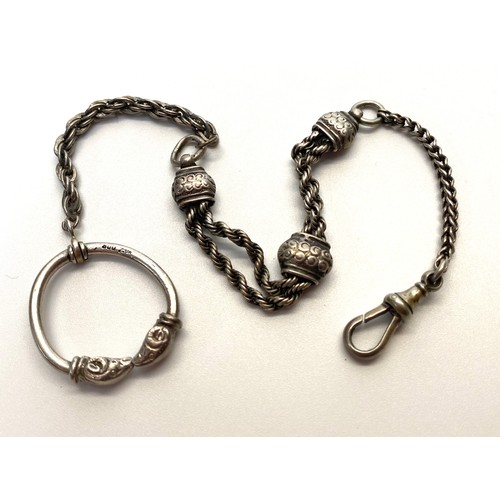 938 - Late Victorian American Silver Albertina pocket watch chain with a twin rams head 800 silver pendant... 