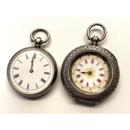 939 - Antique Fine Silver 900 B&Co ladies 30mm Pocket watch not (working) and a fancy faced watch (missing... 