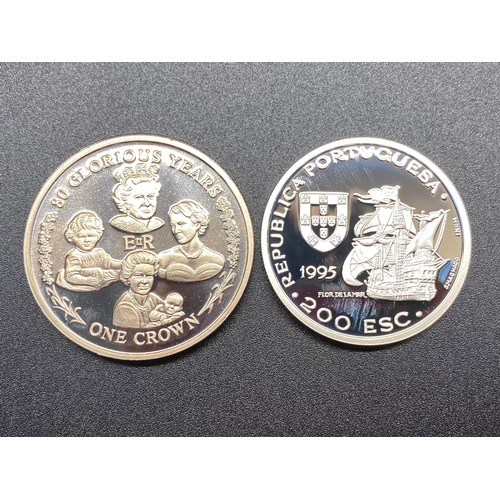 952 - 1995 Portuguese 200 ESC Silver Coin and a commemorative 80 glorious years one crown coin.