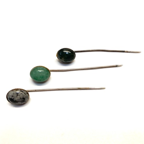 965 - Three silver stick pins with semi precious stones by STSIL.