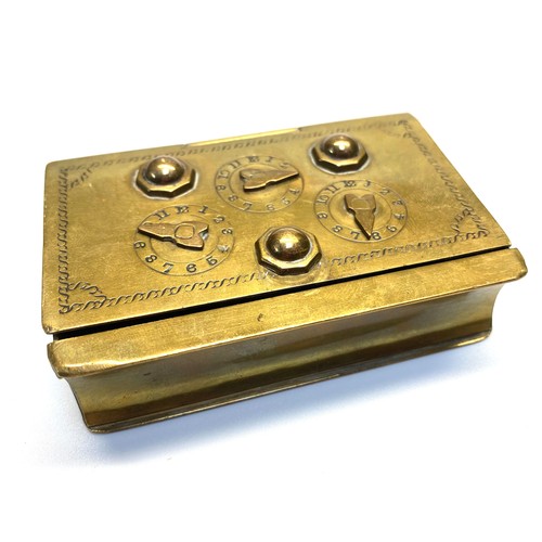 730 - Brass Miners tobacco box with interesting clock locking system (code available) Stamped J Williams 2... 