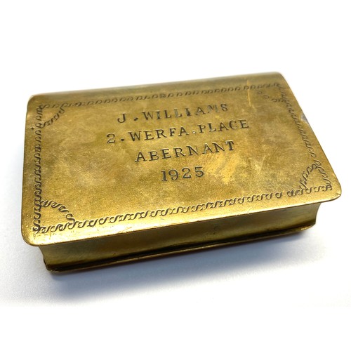 730 - Brass Miners tobacco box with interesting clock locking system (code available) Stamped J Williams 2... 