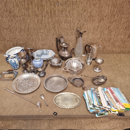 9 - Silver plated items including Vineers and Seba, blue and white pottery and postcards.