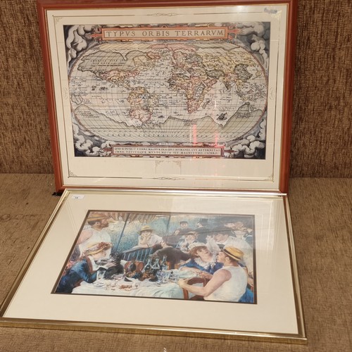 1420 - A framed world map and framed print of The Luncheon of the boating party.