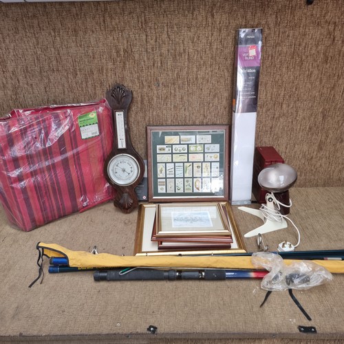 18 - Mixed lot including signed framed prints, a barometer, a health lamp and a Daiwa fishing rod.