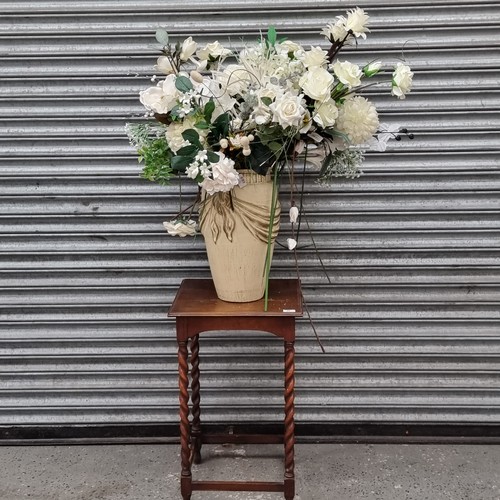 55 - Vintage Barley twist legged side table and a modern vase with decorative plastic flowers.