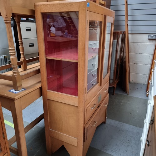 1059 - Solid mid century pale oak display with red velvet inlay . Previously used in Wesley church Dowlais ... 