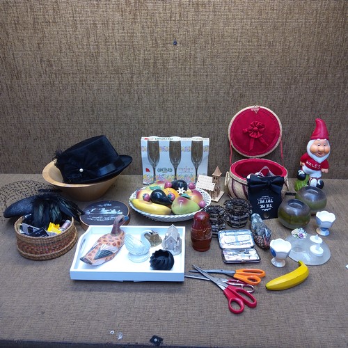 121 - Mixed items including a sowing box and Welsh rugby gnome.