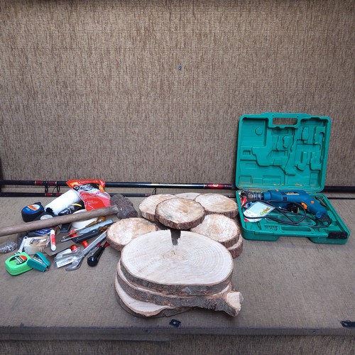 137 - selection of tree rings, tools and a Shakespeare beach caster rod