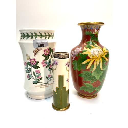659 - Cloisonne vase, Portmeirion vase, and a silver rimmed rose vase.
